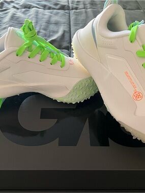 G/FORE White Golf Shoed with Neon Green Laces and Sole Accents. G18. Women’s 8